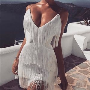 Meshki white fringe mini dress